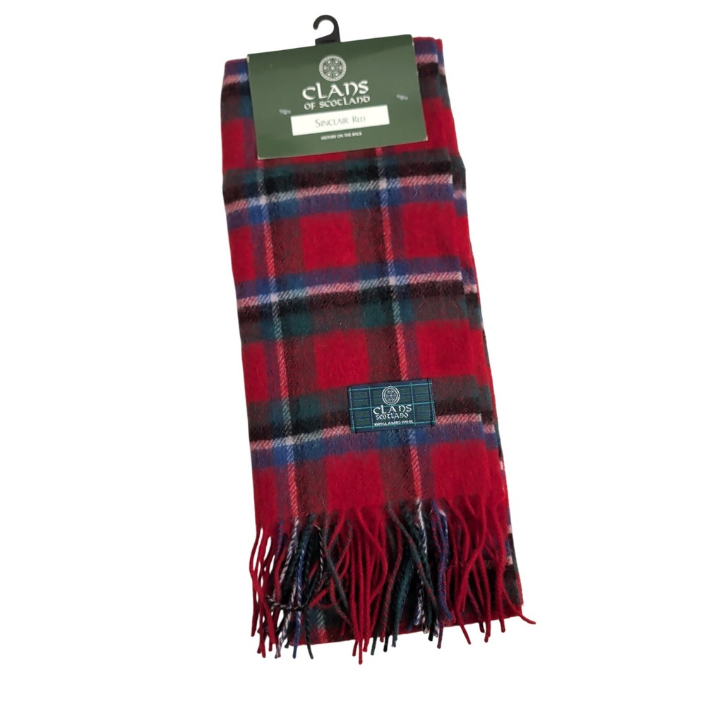 Clans of Scotland Sinclair Red Tartan Scarf 100% Lambswool Plaid Fringe New